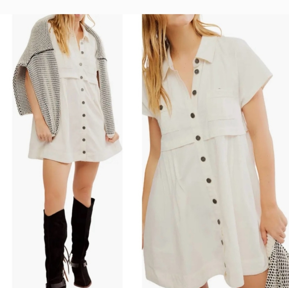 Free People Cream Button-Down Mini Dress